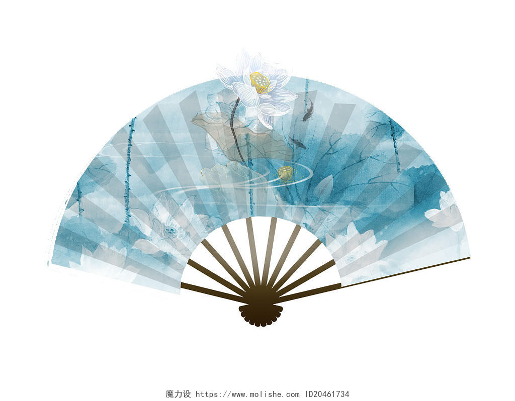 蓝色手绘古风中国风荷花荷叶折扇扇子元素PNG素材